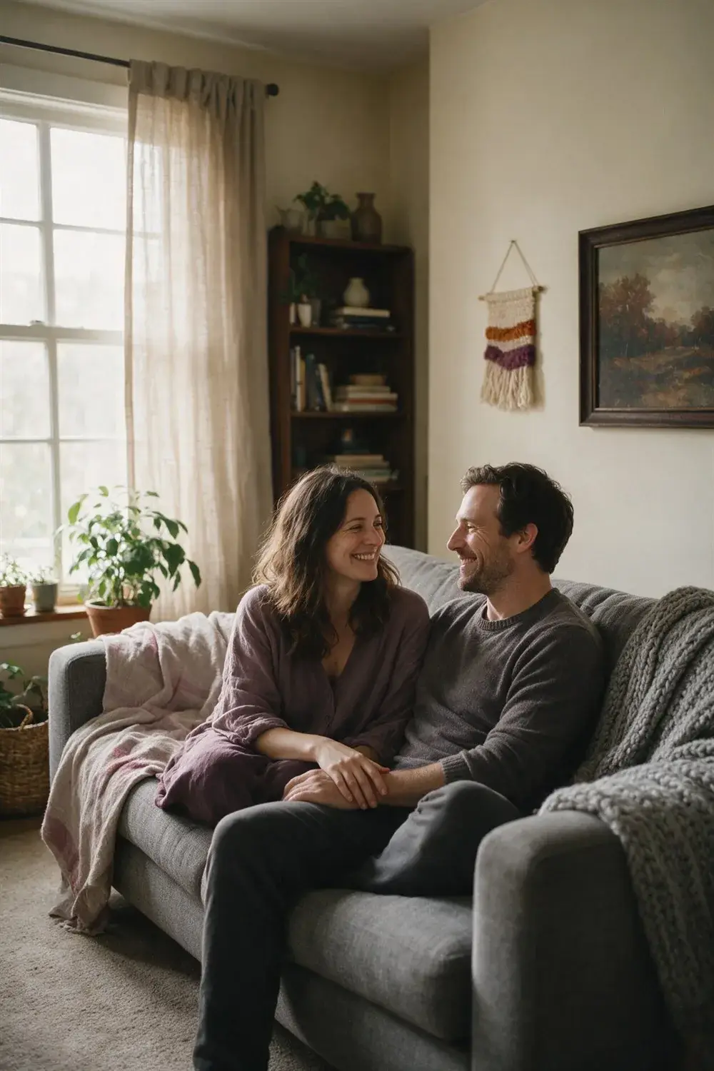 Relaxed couple smiling at each other on a sofa, calm and genuine connection