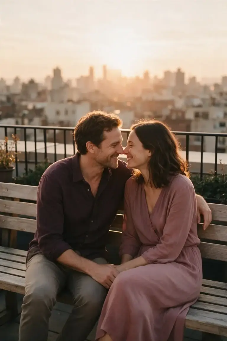 Couple sharing a calm moment on a rooftop bench at sunset