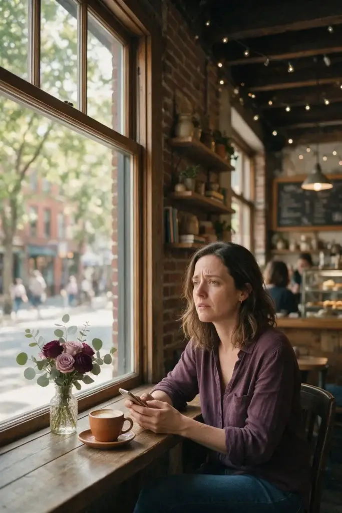 Woman sitting alone at a cafe window, reflecting on her dating patterns
