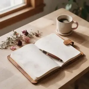 Open journal with pen and coffee for writing your relationship blueprint