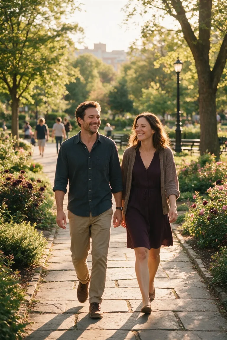 Couple walking side by side in a sunlit park, relaxed and at ease